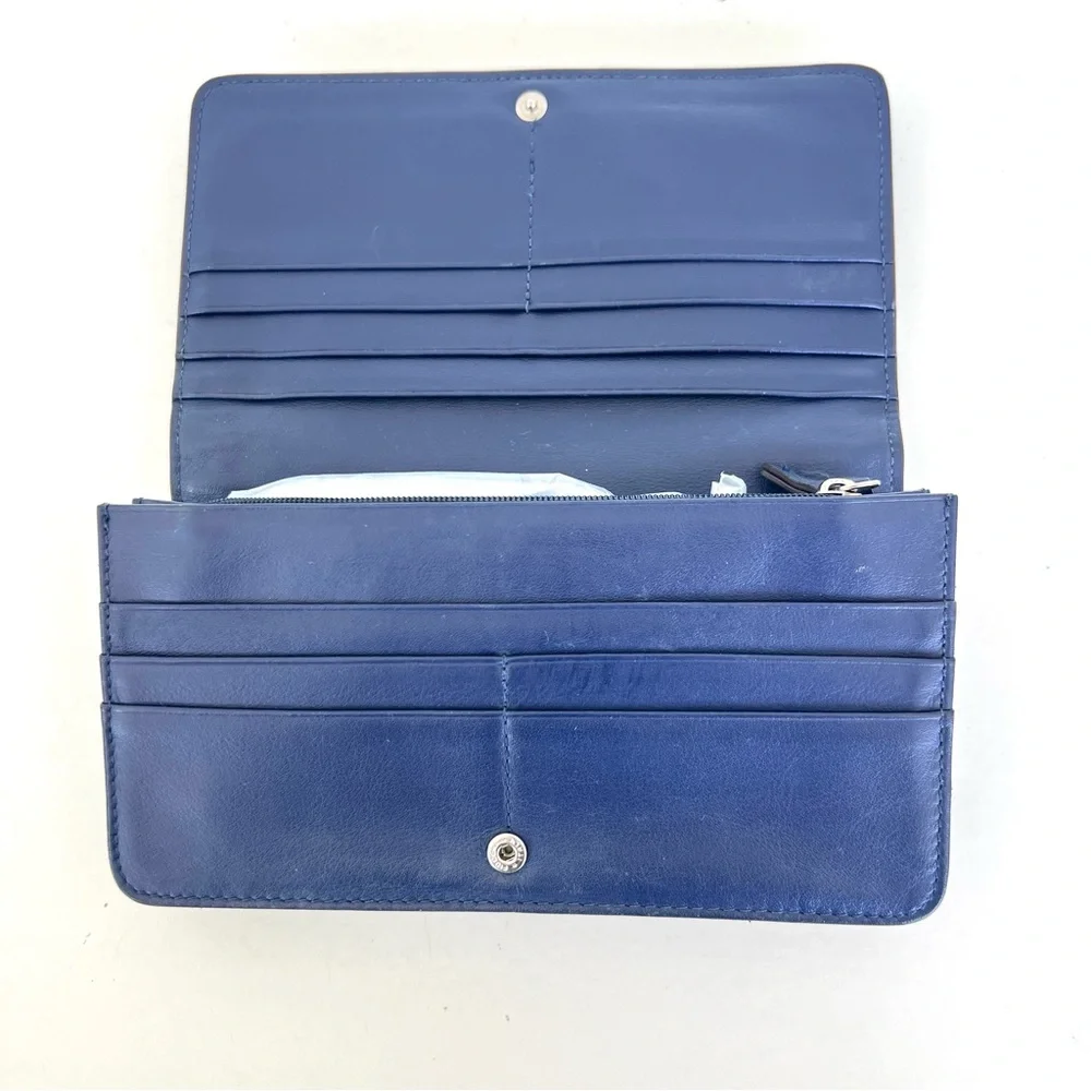 TOUS Navy Pebbled Genuine Leather Silver Bear Tous Logo Scarf and Flap Wallet
